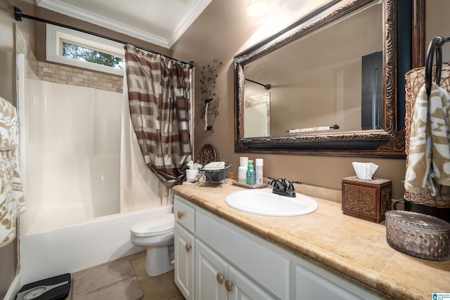 full bathroom featuring ornamental molding, vanity, toilet, and shower / tub combo with curtain