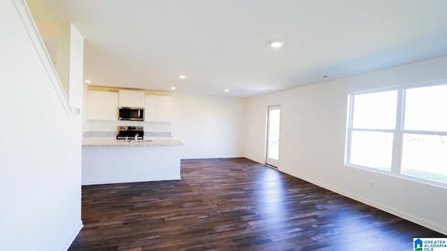 unfurnished living room with dark hardwood / wood-style flooring and sink