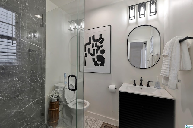 bathroom with a shower with door, vanity, toilet, and a notable chandelier