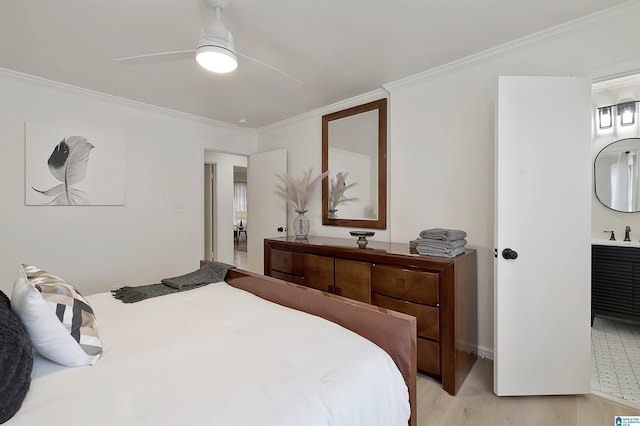 bedroom with ceiling fan, light hardwood / wood-style flooring, and crown molding