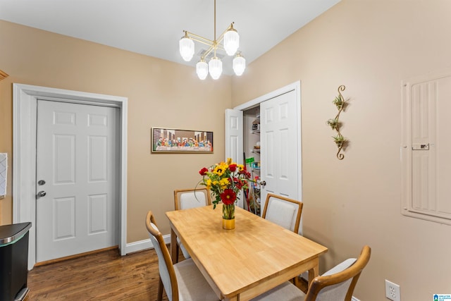 dining area featuring dark hardwood / wood-style flooring, electric panel, and a notable chandelier