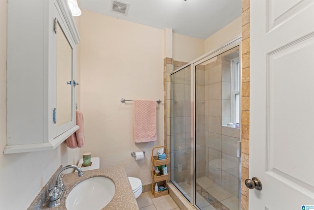 bathroom featuring tile patterned floors, toilet, a shower with shower door, and sink