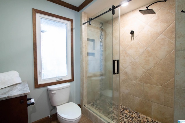 bathroom with vanity, toilet, ornamental molding, and a shower with door