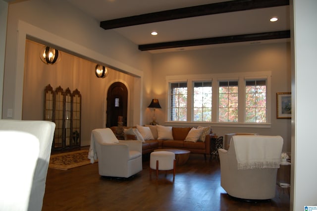 living room featuring dark hardwood / wood-style flooring and beam ceiling