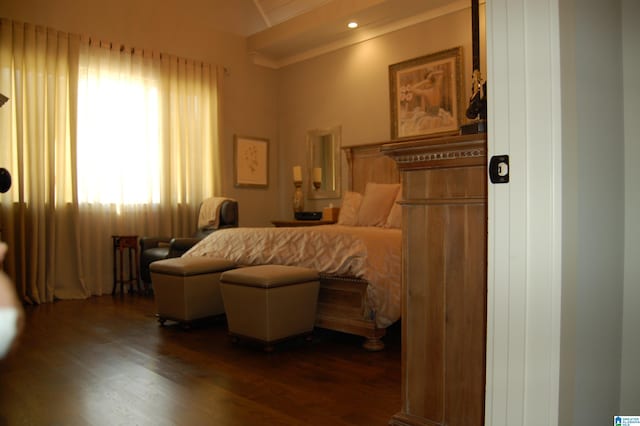 bedroom with dark hardwood / wood-style floors