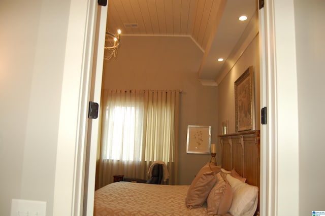 bedroom with wooden ceiling