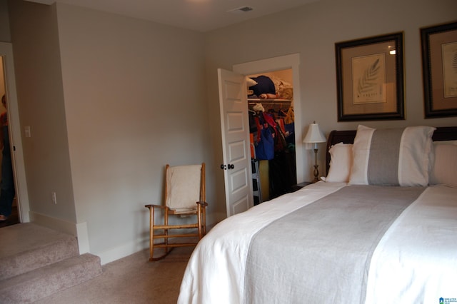 carpeted bedroom with a spacious closet and a closet