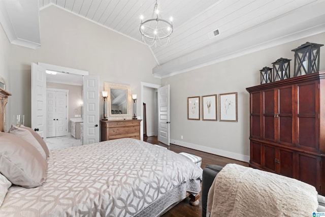 bedroom featuring an inviting chandelier, lofted ceiling, wood ceiling, and wood-type flooring