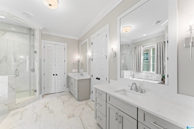 bathroom with an enclosed shower, vanity, and crown molding