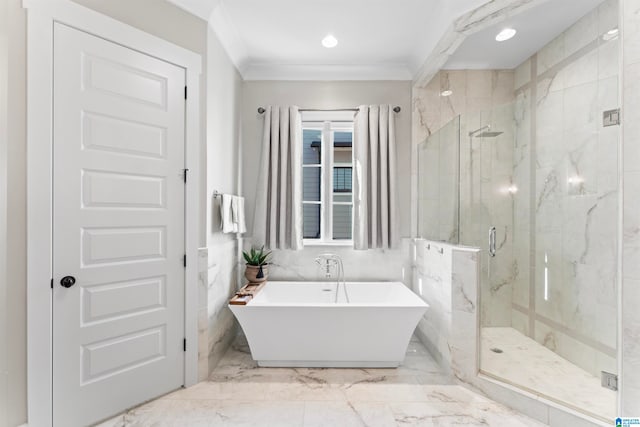 bathroom with independent shower and bath, tile walls, and ornamental molding