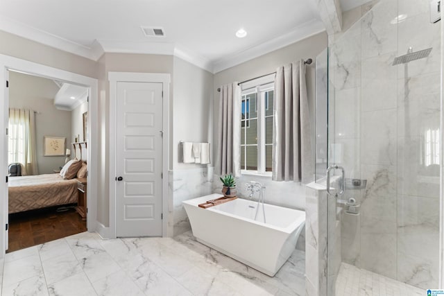 bathroom with separate shower and tub and ornamental molding