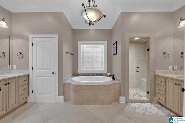 bathroom with vanity, shower with separate bathtub, tile patterned floors, and ornamental molding