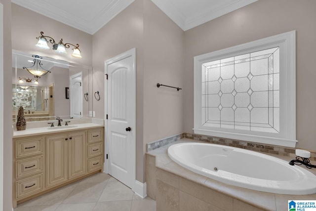 bathroom with vanity, tile patterned flooring, ornamental molding, and tiled tub