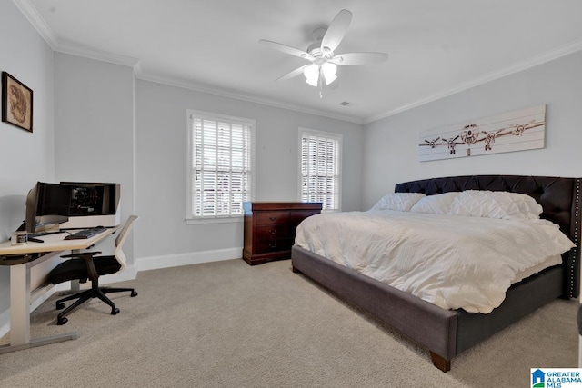 bedroom featuring ornamental molding, light carpet, and ceiling fan