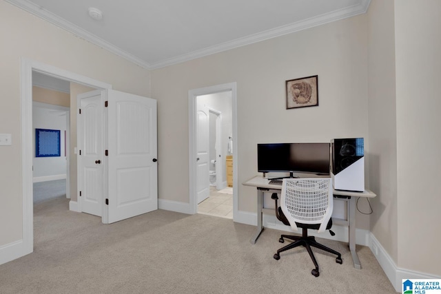 carpeted office with crown molding