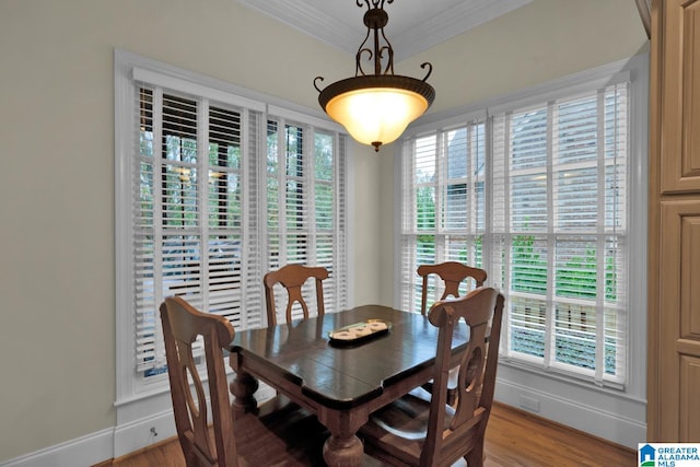 dining room featuring ornamental molding, light hardwood / wood-style floors, and a healthy amount of sunlight