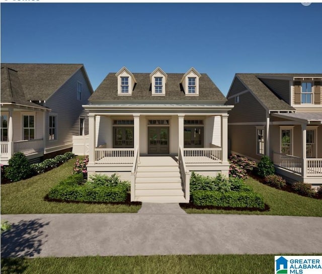 view of front of house with covered porch and a front yard