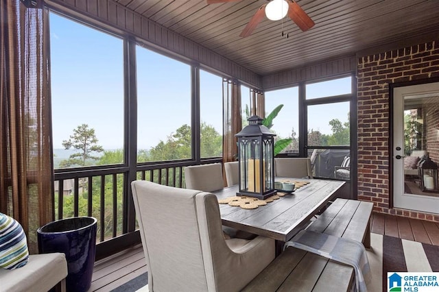 sunroom featuring wooden ceiling and ceiling fan