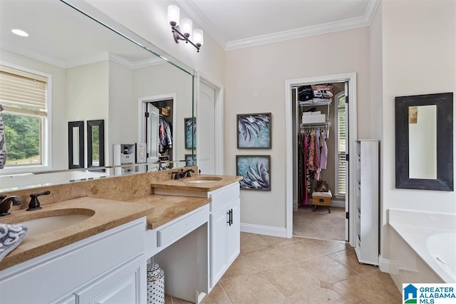110 Sterling Lakes Dr, Helena, AL 35080 - bathroom with ornamental molding, a bath, a walk in closet, baseboards, and double vanity