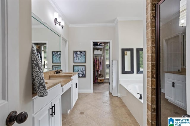 110 Sterling Lakes Dr, Helena, AL 35080 - bathroom with healthy amount of natural light, crown molding, a walk in closet, vanity, and a bath