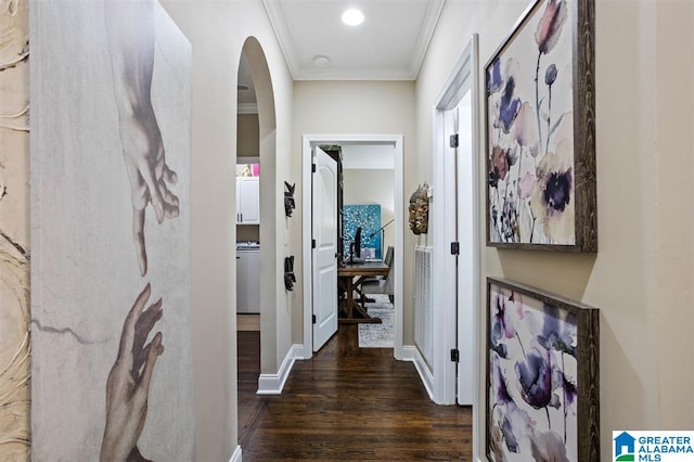 hall featuring dark wood-type flooring and crown molding