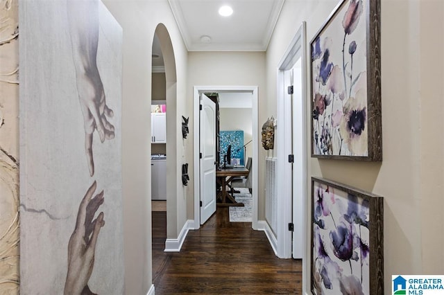 110 Sterling Lakes Dr, Helena, AL 35080 - hall with ornamental molding, wood finished floors, arched walkways, baseboards, and recessed lighting