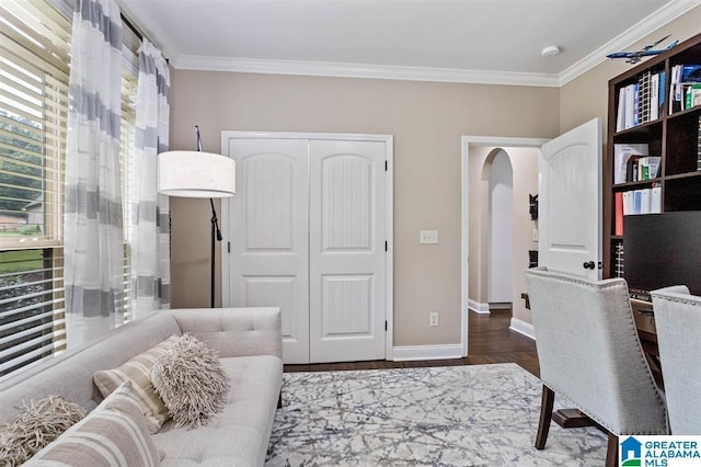 110 Sterling Lakes Dr, Helena, AL 35080 - office featuring arched walkways, crown molding, dark wood finished floors, and baseboards