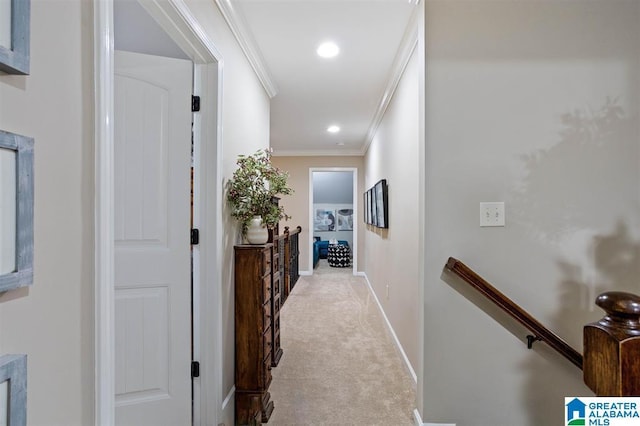 110 Sterling Lakes Dr, Helena, AL 35080 - hall featuring an upstairs landing, crown molding, carpet floors, baseboards, and recessed lighting
