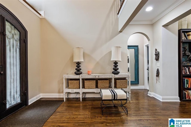 110 Sterling Lakes Dr, Helena, AL 35080 - foyer with arched walkways, baseboards, wood finished floors, ornamental molding, and recessed lighting