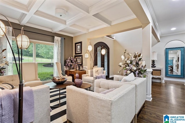 living room with ornamental molding, beamed ceiling, coffered ceiling, and dark hardwood / wood-style floors