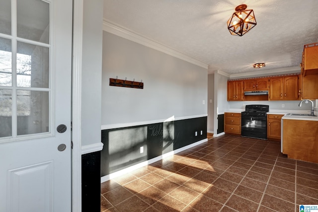 kitchen with black range with gas stovetop, crown molding, sink, and a textured ceiling