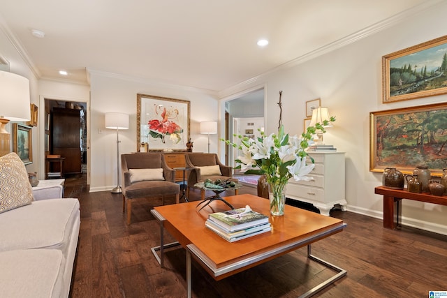 living room with dark hardwood / wood-style flooring and ornamental molding