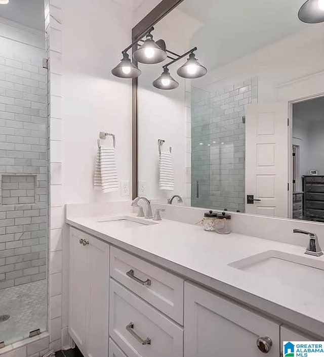 bathroom featuring vanity and an enclosed shower