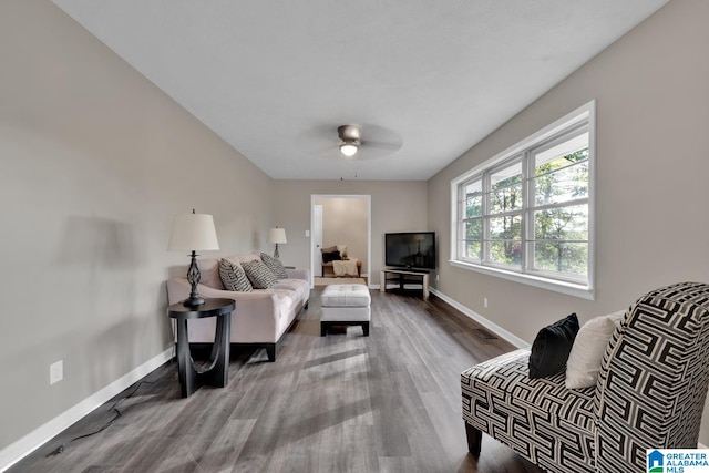 living room featuring wood-type flooring and ceiling fan