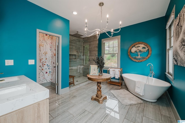 bathroom with a chandelier and plus walk in shower