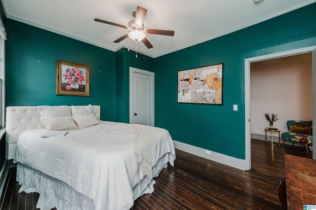 1031 S 26th St, Birmingham, AL 35205 - bedroom with baseboards, wood finished floors, ornamental molding, and a ceiling fan