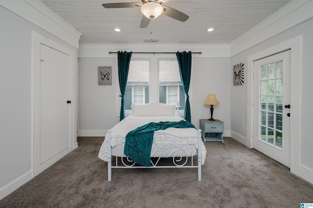 carpeted bedroom with wood ceiling, ceiling fan, and access to exterior