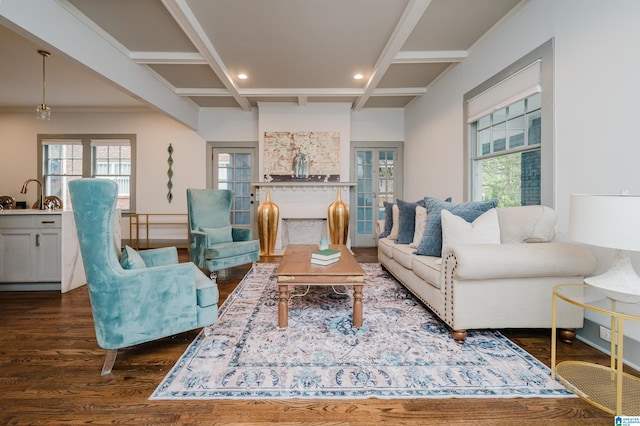 living room with crown molding, dark hardwood / wood-style floors, sink, and beam ceiling