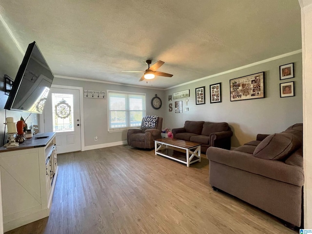 living room featuring a textured ceiling, light hardwood / wood-style flooring, ceiling fan, and crown molding