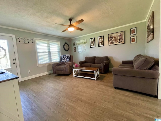 living room featuring ceiling fan, a textured ceiling, light hardwood / wood-style flooring, and ornamental molding