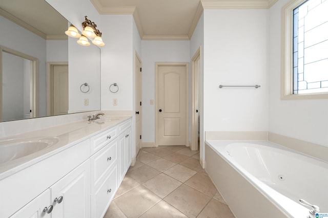 bathroom featuring tile patterned flooring, plenty of natural light, and crown molding