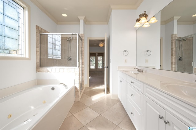 bathroom featuring tile patterned floors, ornamental molding, vanity, ceiling fan, and independent shower and bath