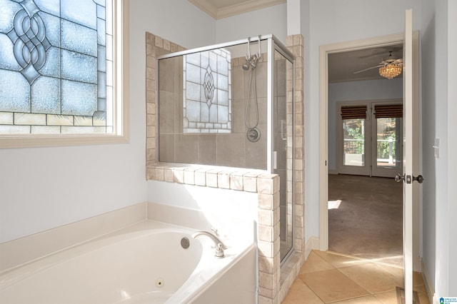 bathroom featuring separate shower and tub, crown molding, tile patterned flooring, and ceiling fan