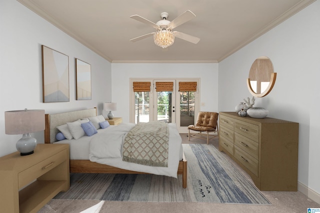 carpeted bedroom featuring access to outside, ceiling fan, and ornamental molding