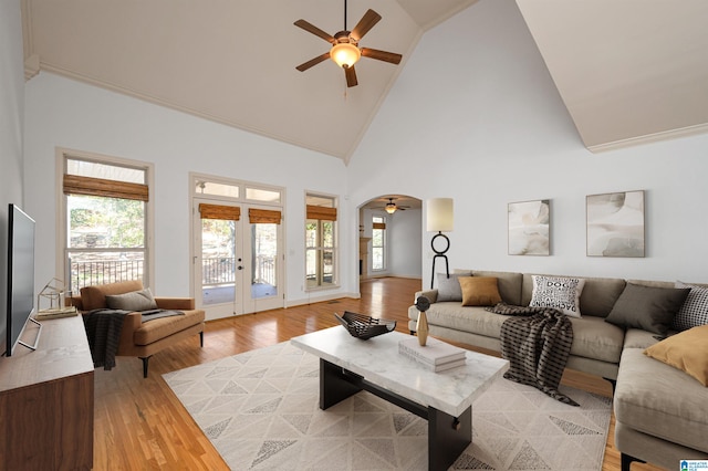 living room featuring plenty of natural light, high vaulted ceiling, french doors, and light wood-type flooring