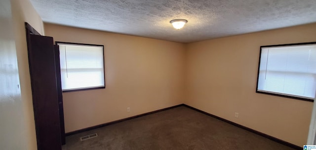 carpeted spare room featuring a textured ceiling