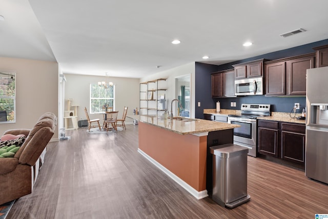 kitchen with a healthy amount of sunlight, appliances with stainless steel finishes, a kitchen island with sink, and sink