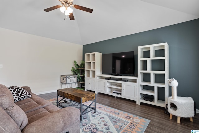 living room with lofted ceiling, dark wood-type flooring, and ceiling fan