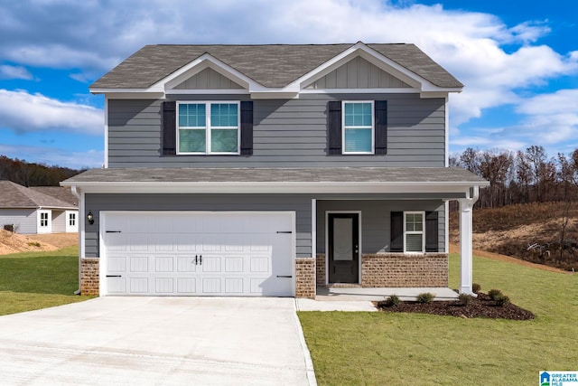 craftsman inspired home featuring a garage, a front lawn, and a porch