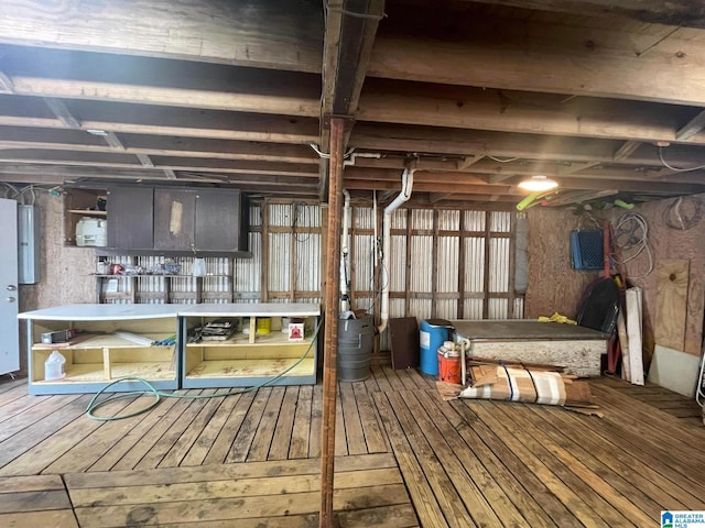 basement with electric panel and wood-type flooring